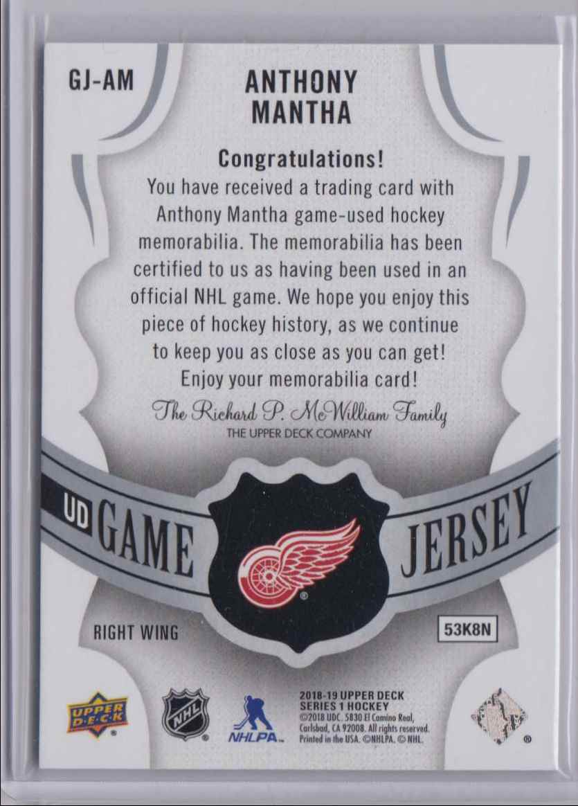 2018-19 Upper Deck Game Jerseys Anthony Mantha #GJ-AM card back image