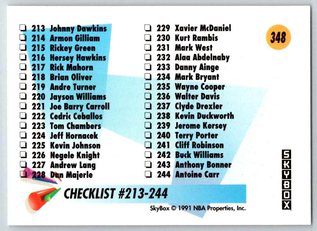 1991-92 SkyBox Checklist (181-244) #348 card back image