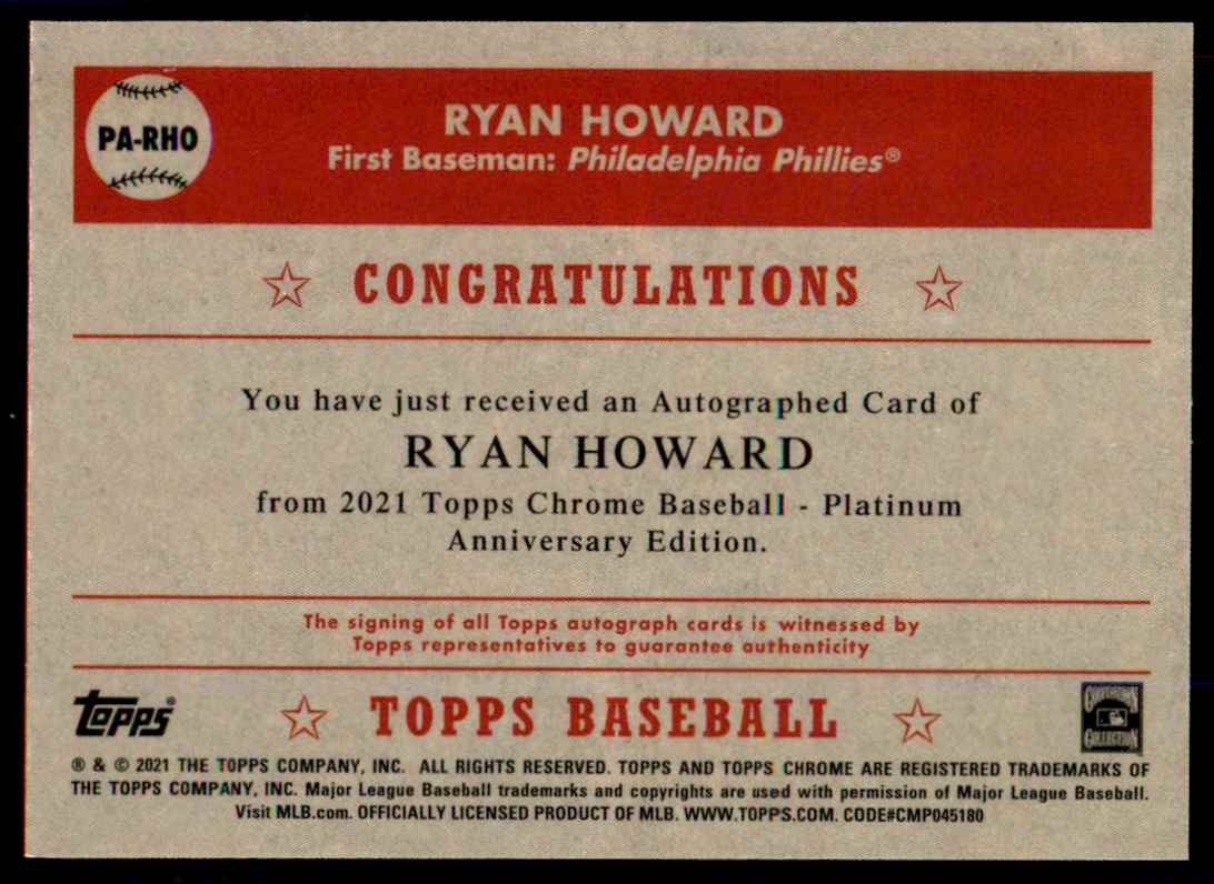 2021 Topps Chrome Platinum Autograph RYAN HOWARD #PA-RHO card back image