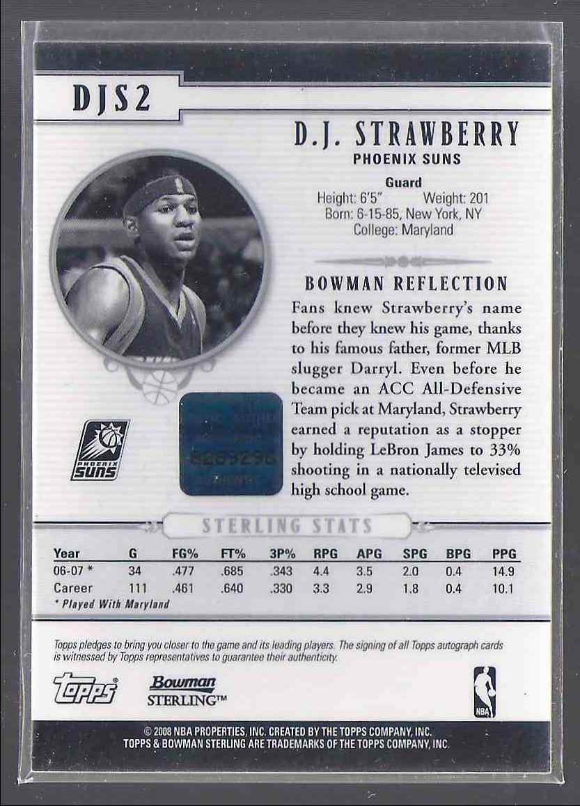 2007-08 Bowman Sterling D.J. Strawberry Au/829 RC #DJS2 card back image