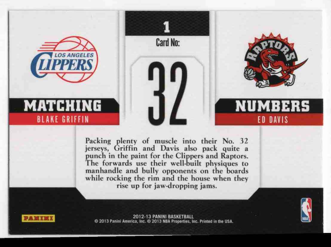 2012-13 Panini Matching Numbers Blake Griffin&Ed Davis #1 card back image