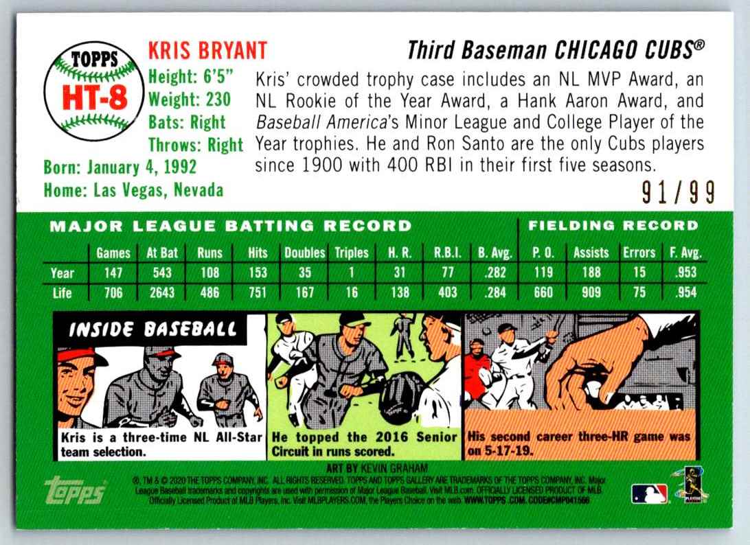 2020 Topps Gallery Heritage Blue Kris Bryant #HT-8 card back image