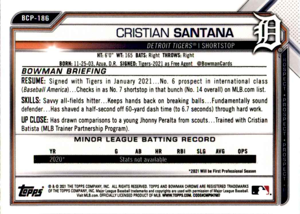 2021 Bowman Chrome Prospects Cristian Santana #BCP-186 card back image