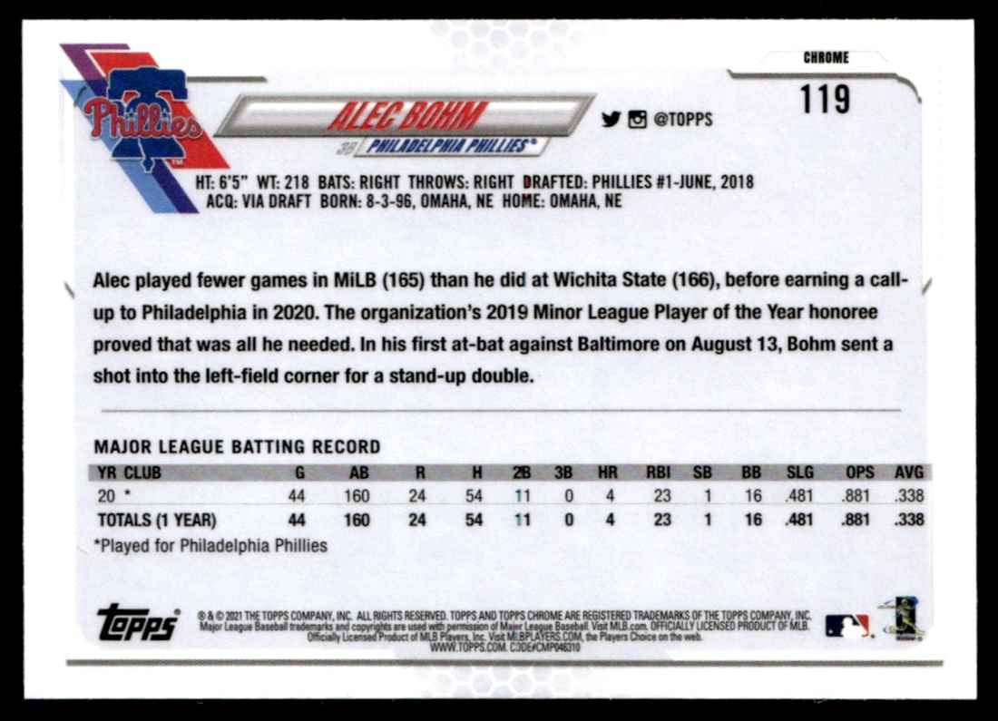 2021 Topps Chrome Alec Bohm #119 card back image