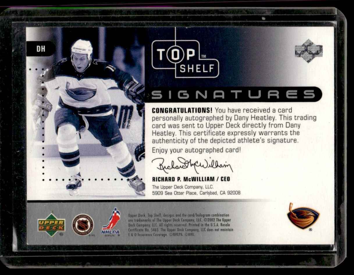 2002-03 Upper Deck Top Shelf Signatures Dany Heatley #DH card back image