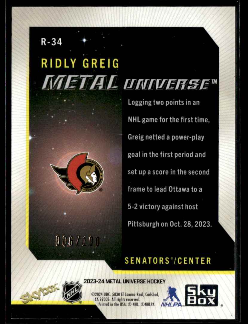 2023-24 SkyBox Metal Universe Precious Metal Gems PMG Green Ridly Greig #R-34 card back image