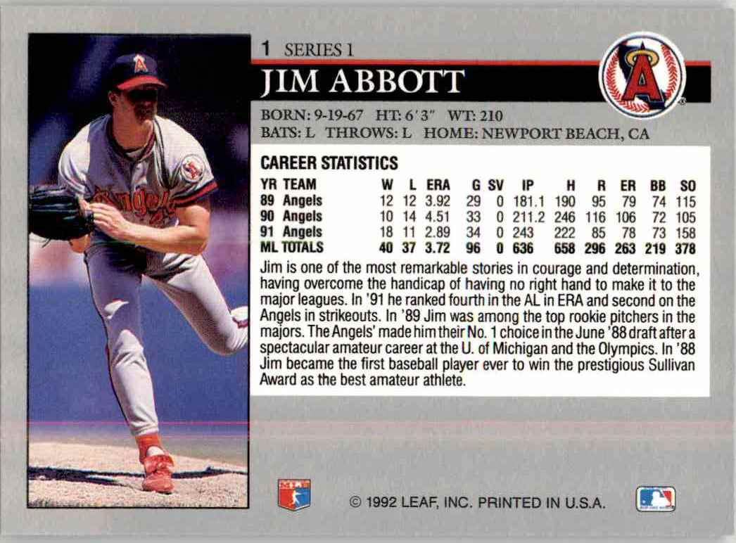1992 Leaf Series 1 You Tube 15 Jim Abbott #1 card back image