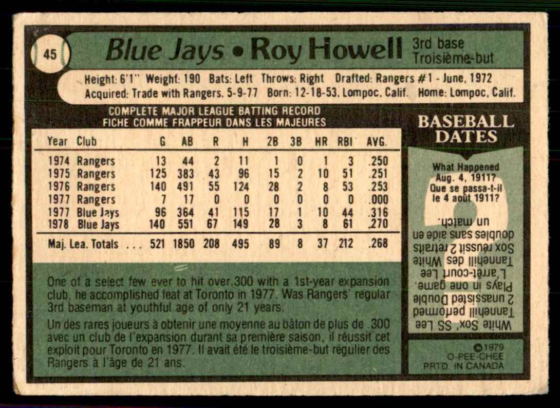 1979 O-Pee-Chee Roy Howell #45 card back image