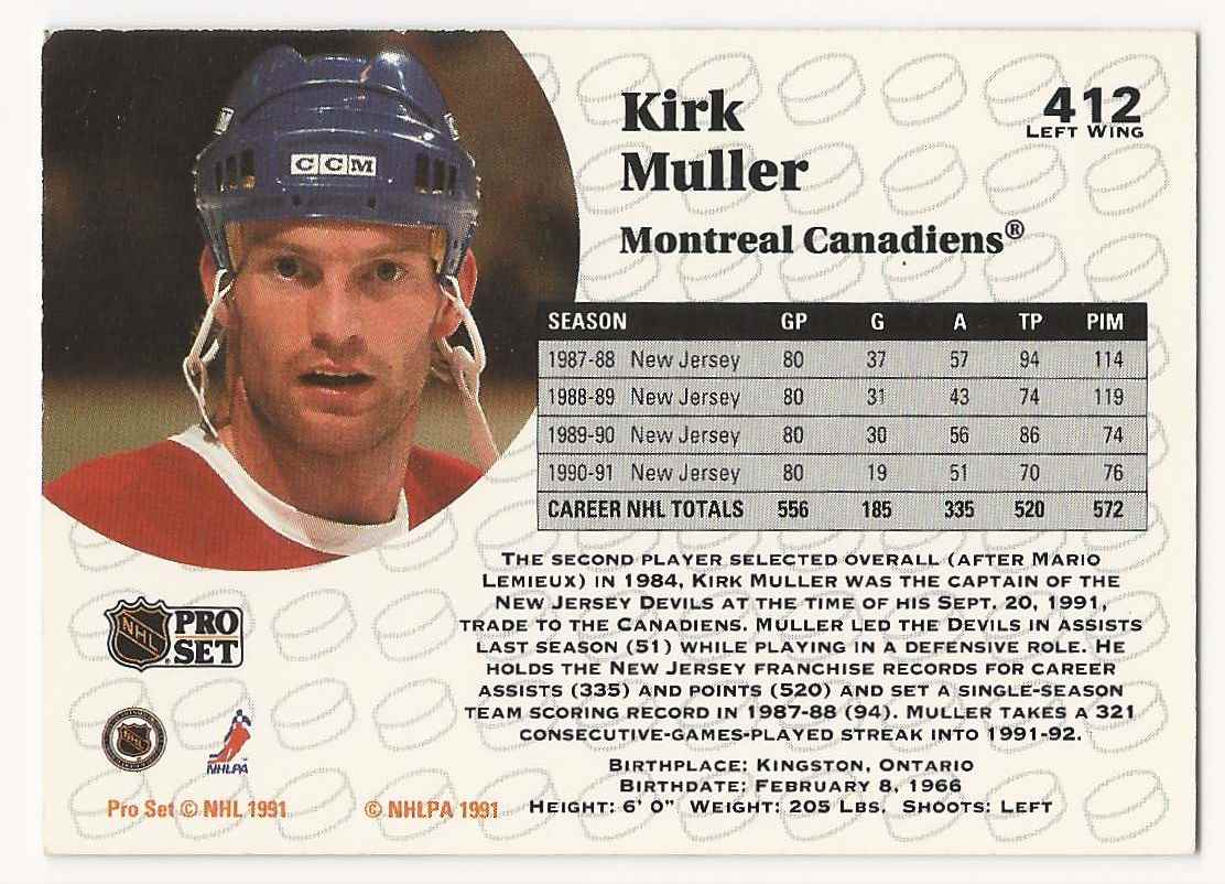 1991-92 Pro Set Kirk Muller #412 card back image