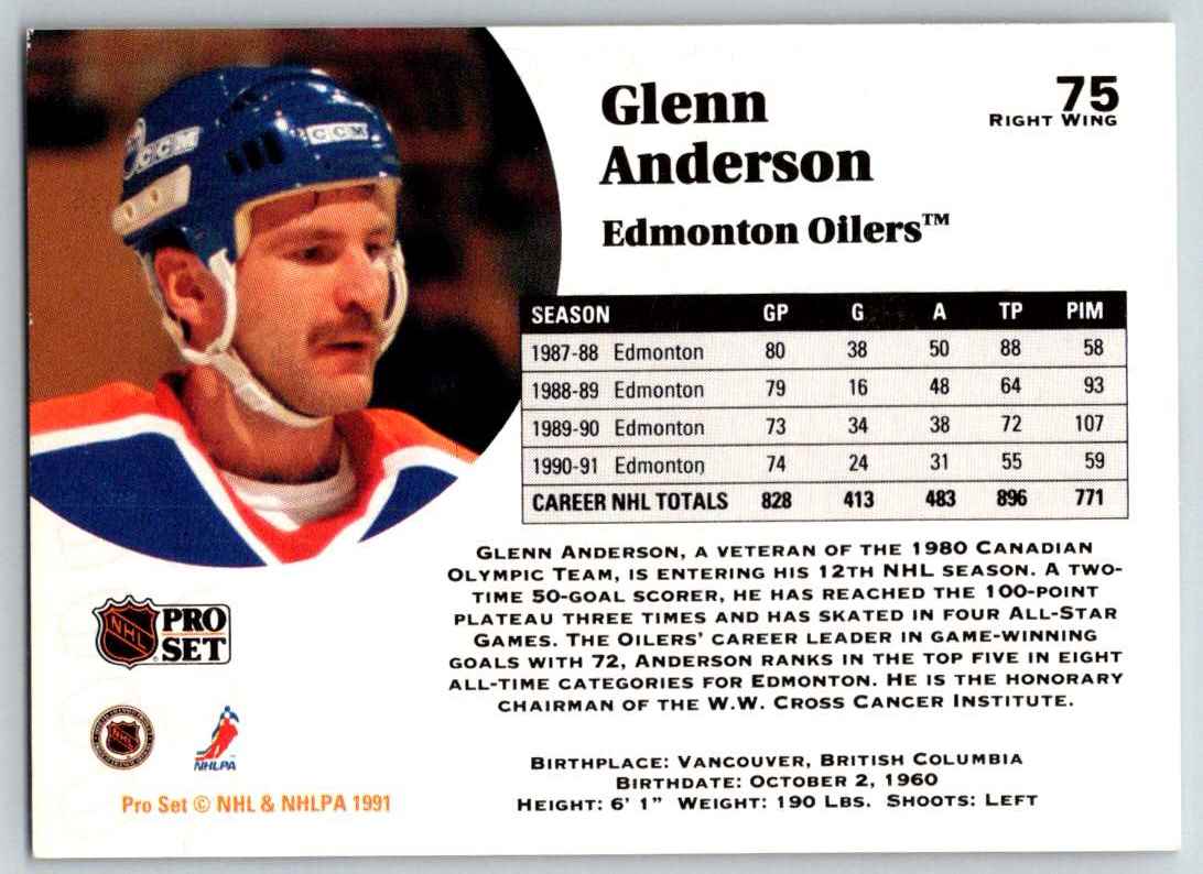 1991-92 Pro Set Glenn Anderson #75 card back image