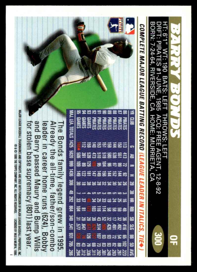 1996 Topps Barry Bonds #300 card back image