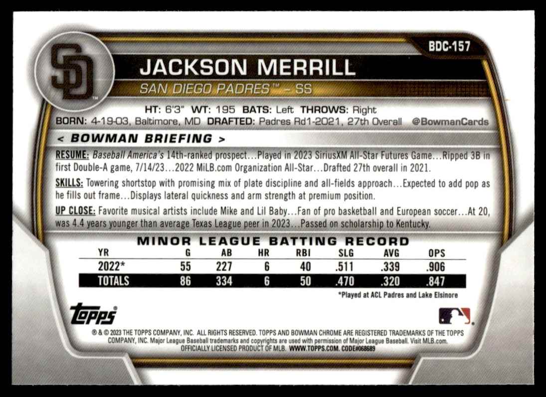 2023 Bowman Draft Chrome Jackson Merrill #BDC-157 card back image