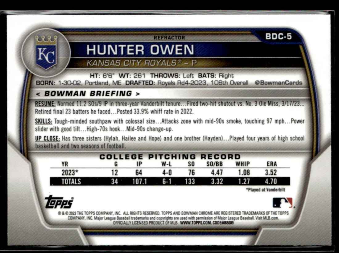 2023 Bowman Draft Chrome Refractors Hunter Owen #BDC-5 card back image