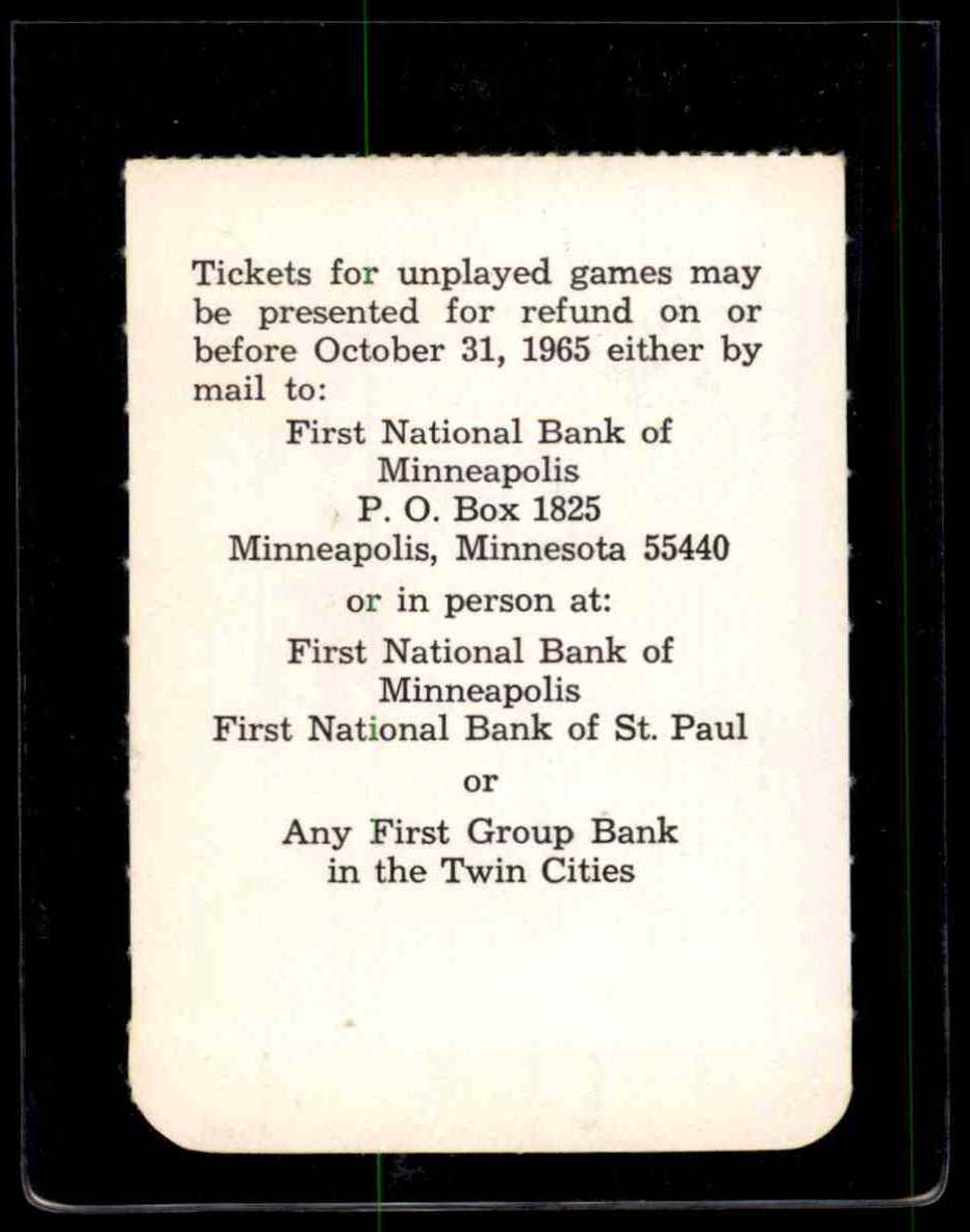 1965 World Series Ticket Stubb Game 6 Minnesota Twins Los Angeles Dodgers #NNO card back image