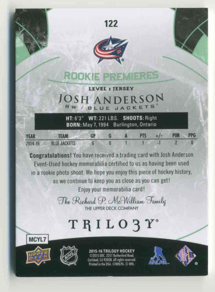 2015-16 Upper Deck Trilogy Rainbow Green Josh Anderson #122 card back image