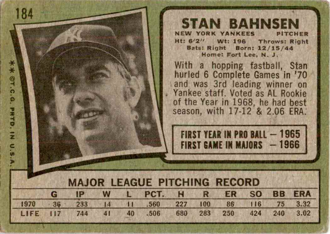 1970 Topps Stan Bahnsesn #184 card back image