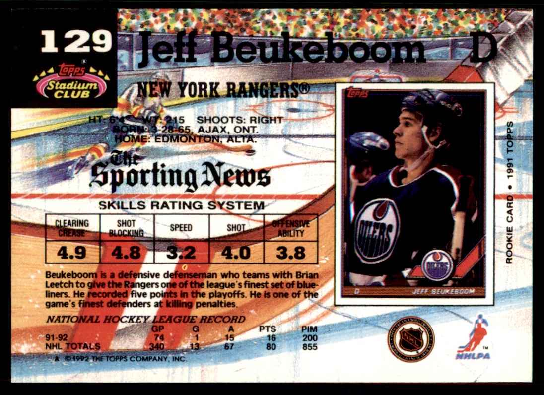 1992-93 Stadium Club Jeff Beukeboom #129 card back image
