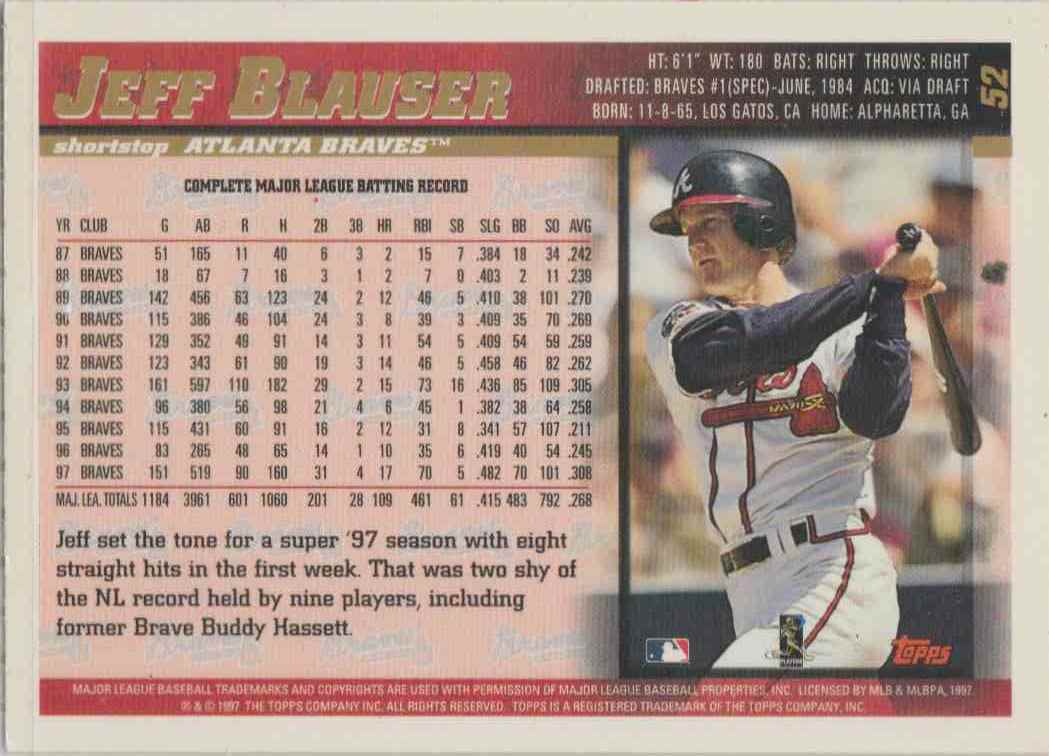 1998 Topps Jeff Blauser #52 card back image