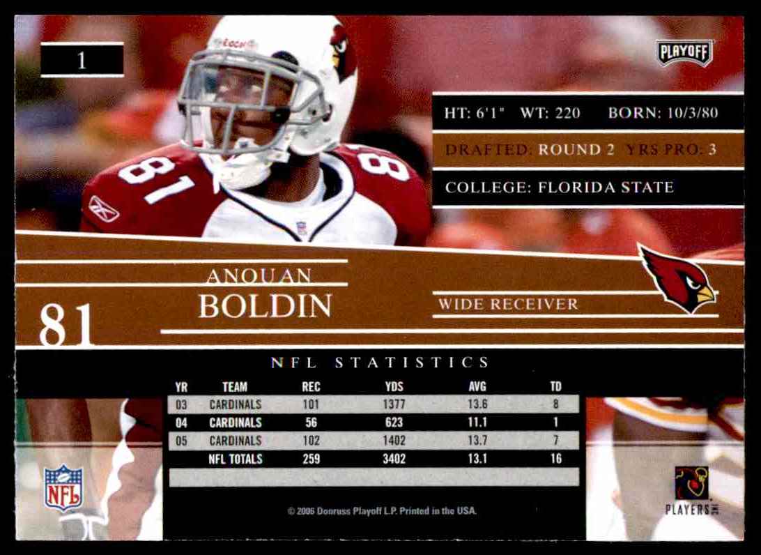 2006 Playoff Prestige Anquan Boldin #1 card back image