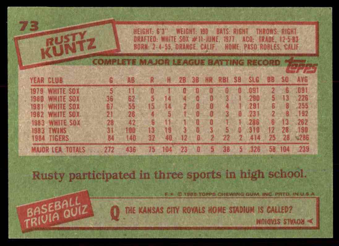 1985 Topps Rusty Kuntz #73 card back image