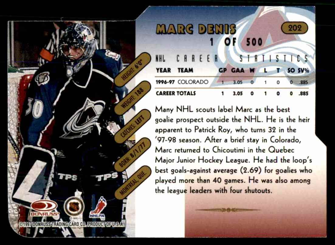 1997-98 Donruss Press Proofs Gold Marc Denis #202 card back image