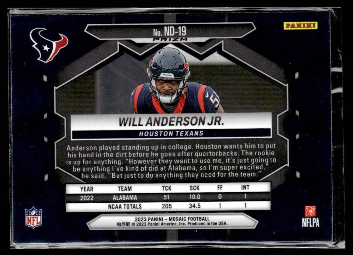 2023 Panini Mosaic Reactive Yellow Mosaic Will Anderson Jr. #ND-19 card back image