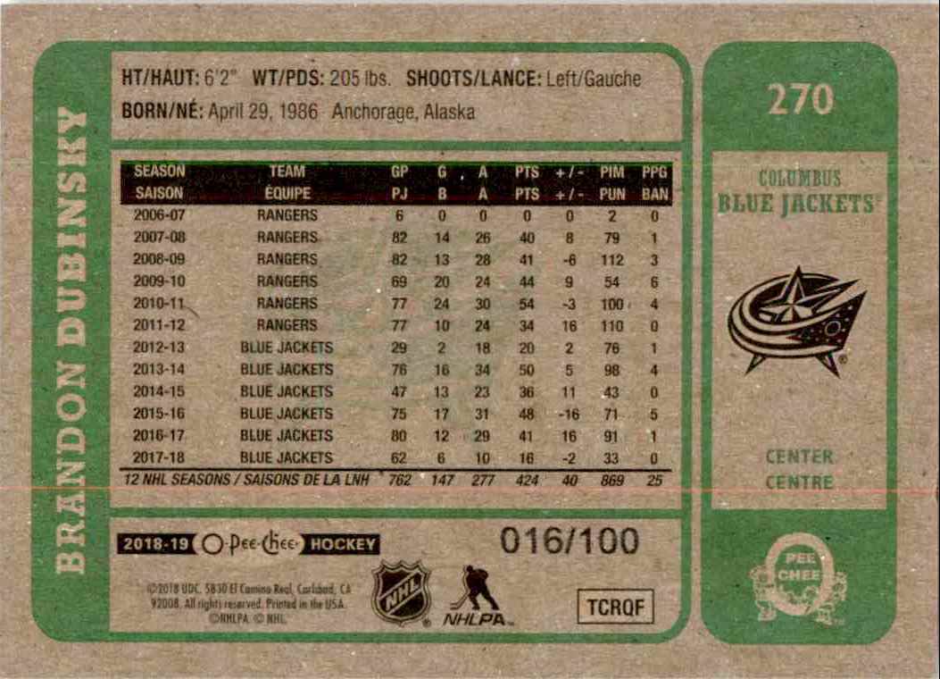 2018-19 O-Pee-Chee Retro Black Brandon Dubinsky #270 card back image