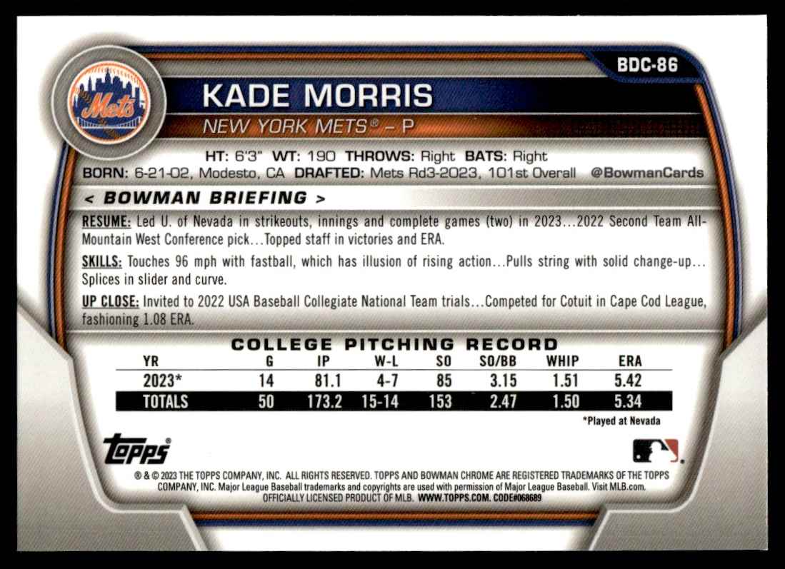 2023 Bowman Draft Chrome Sapphire Kade Morris #BDC-86 card back image
