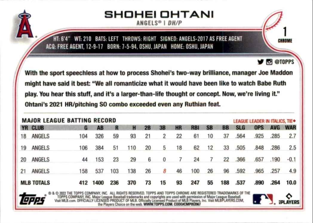 2022 Topps Chrome Shohei Ohtani #1 card back image