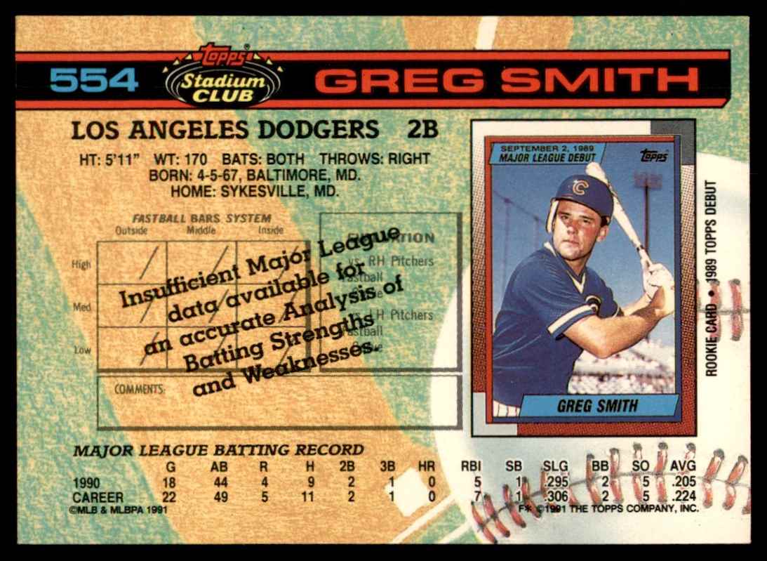 1991 Stadium Club Greg Smith #554 card back image