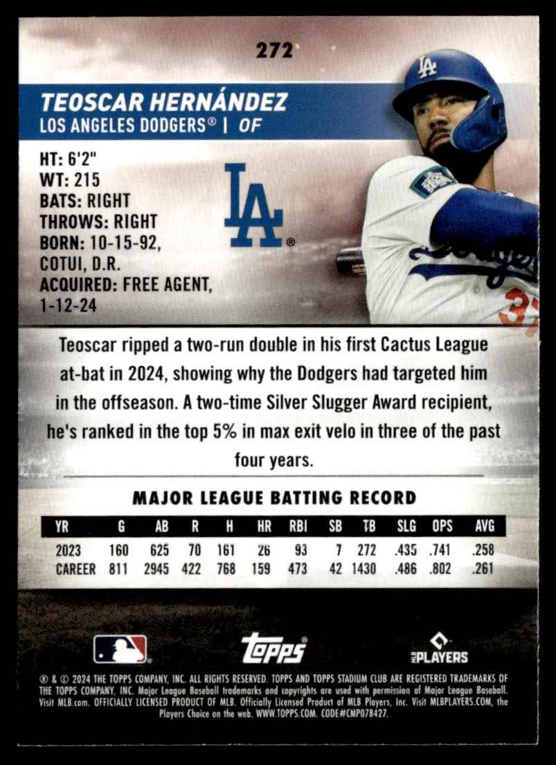 2024 Stadium Club Red Foil Teoscar Hernández #272 card back image