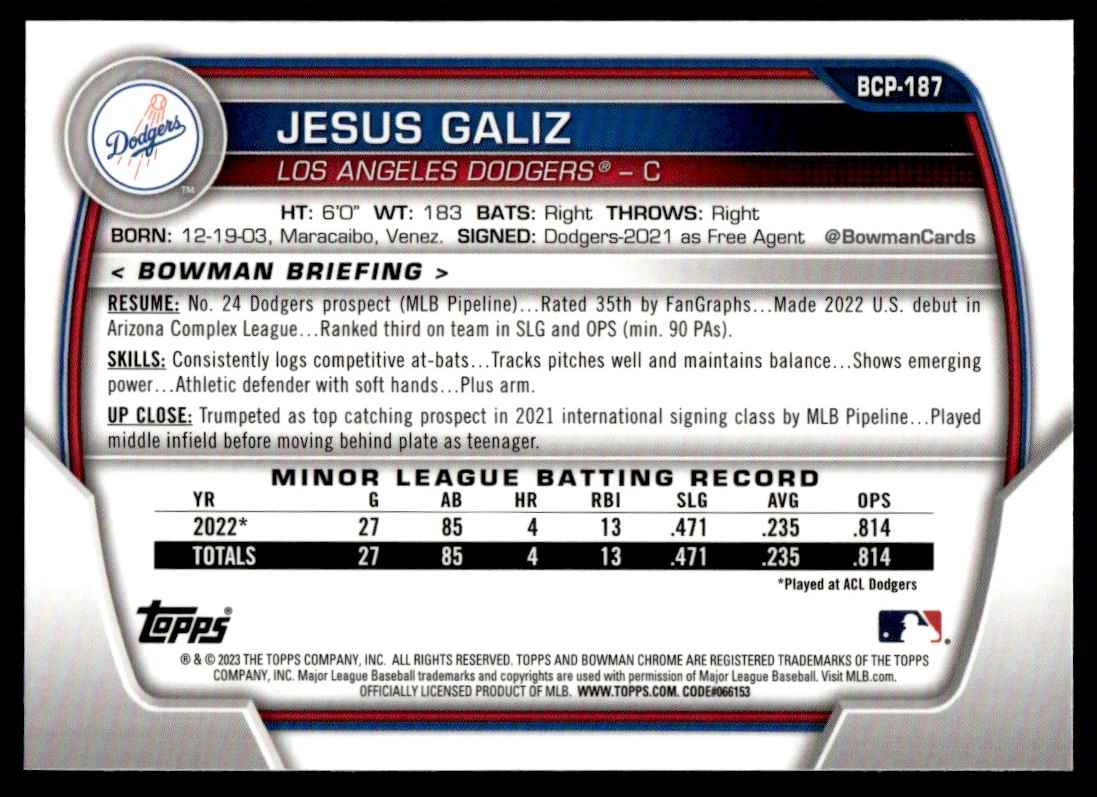 2023 Bowman Chrome Sapphire Jesus Galiz #BCP-187 card back image
