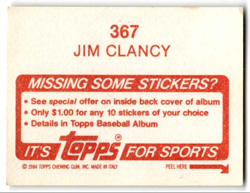 1984 Topps Stickers Jim Clancy #367 card back image