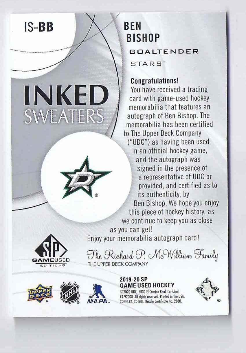 2019-20 SP Game Used Inked Sweaters Ben Bishop #ISBB card back image