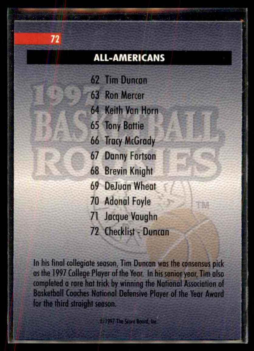 1997-98 Score Board Rookies Tim Duncan #72 card back image