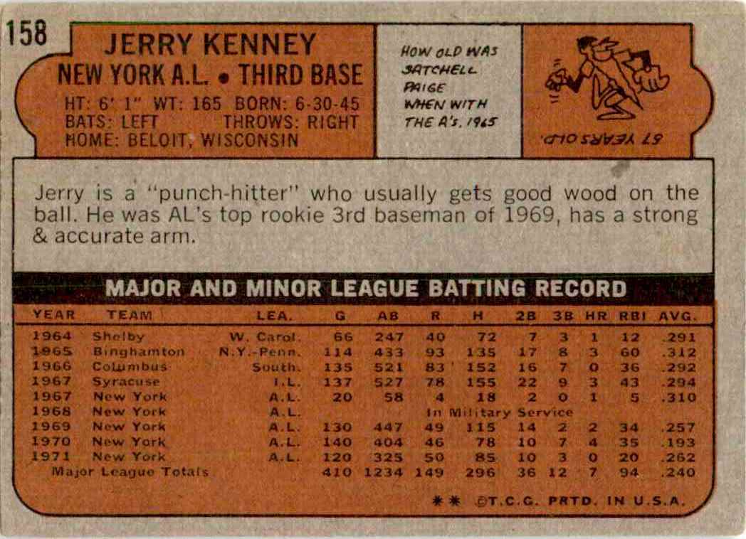 1971 Topps Jerry Kenney #158 card back image
