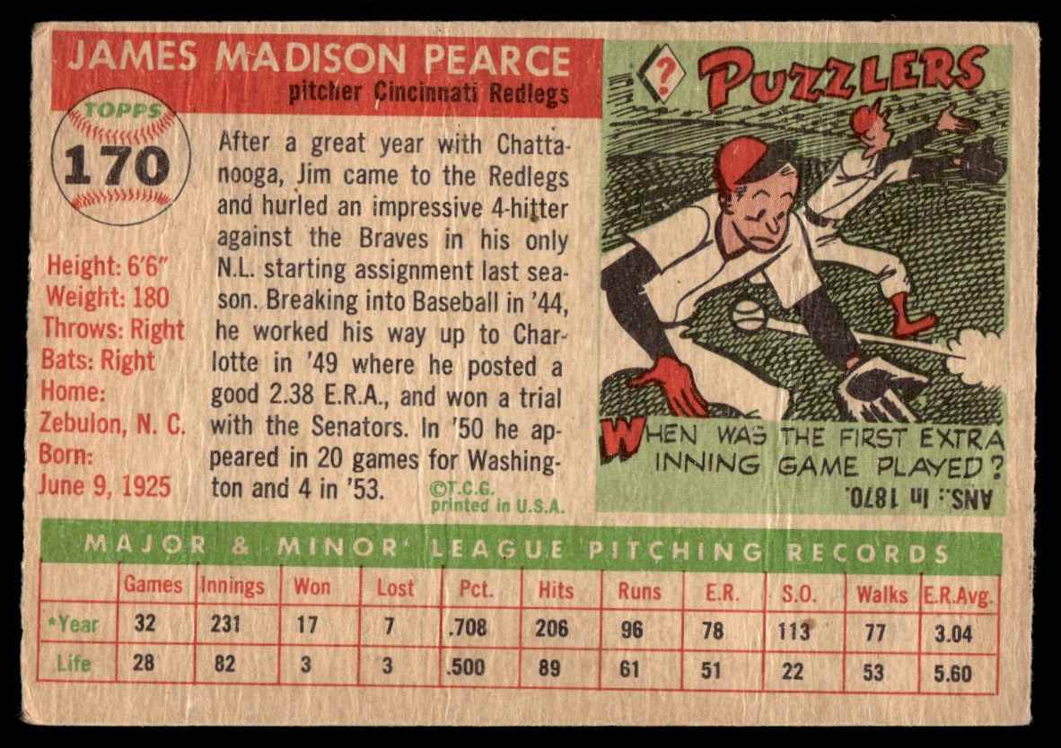 1955 Topps Jim Pearce #170 card back image
