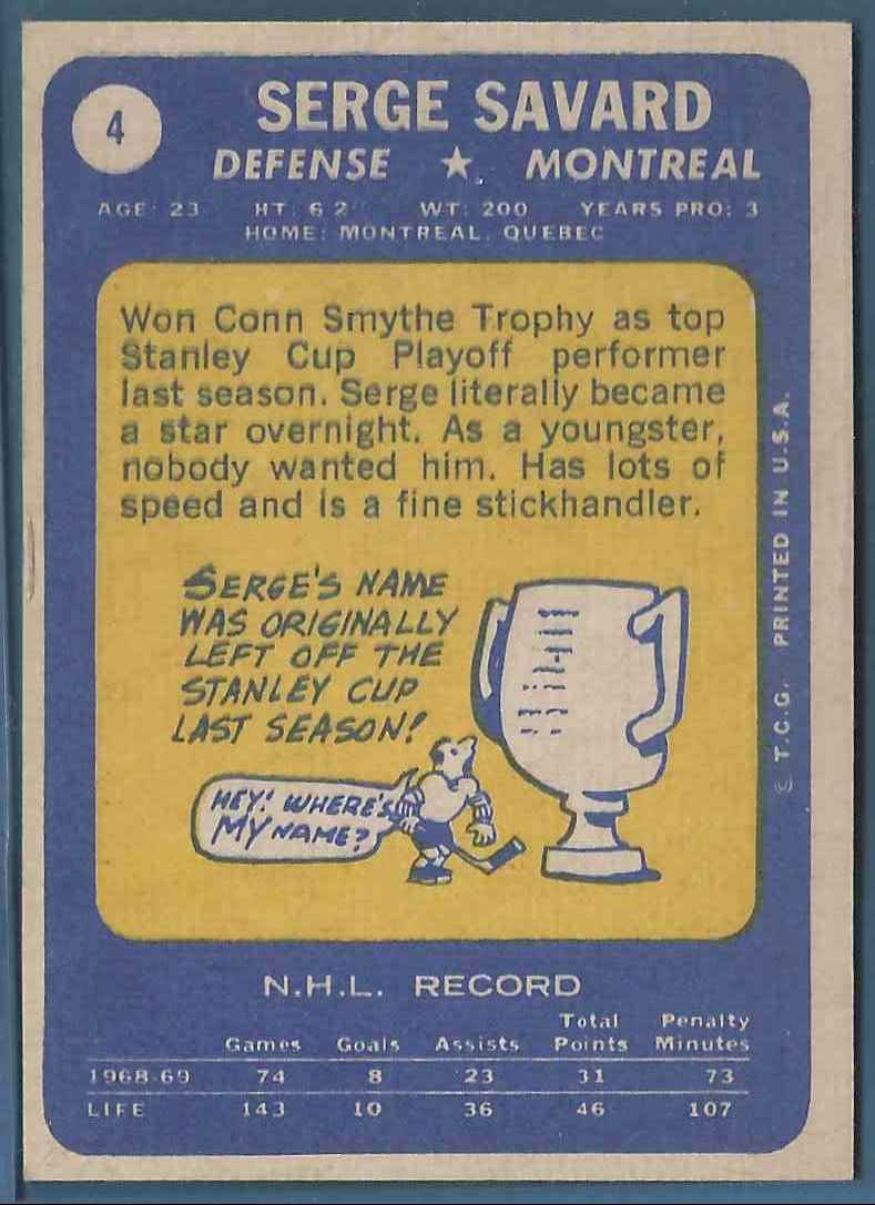 1969-70 Topps Serge Savard #4 card back image