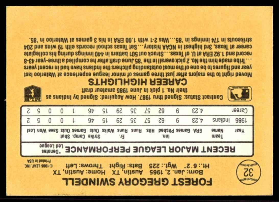 1987 Donruss Greg Swindell #32 card back image