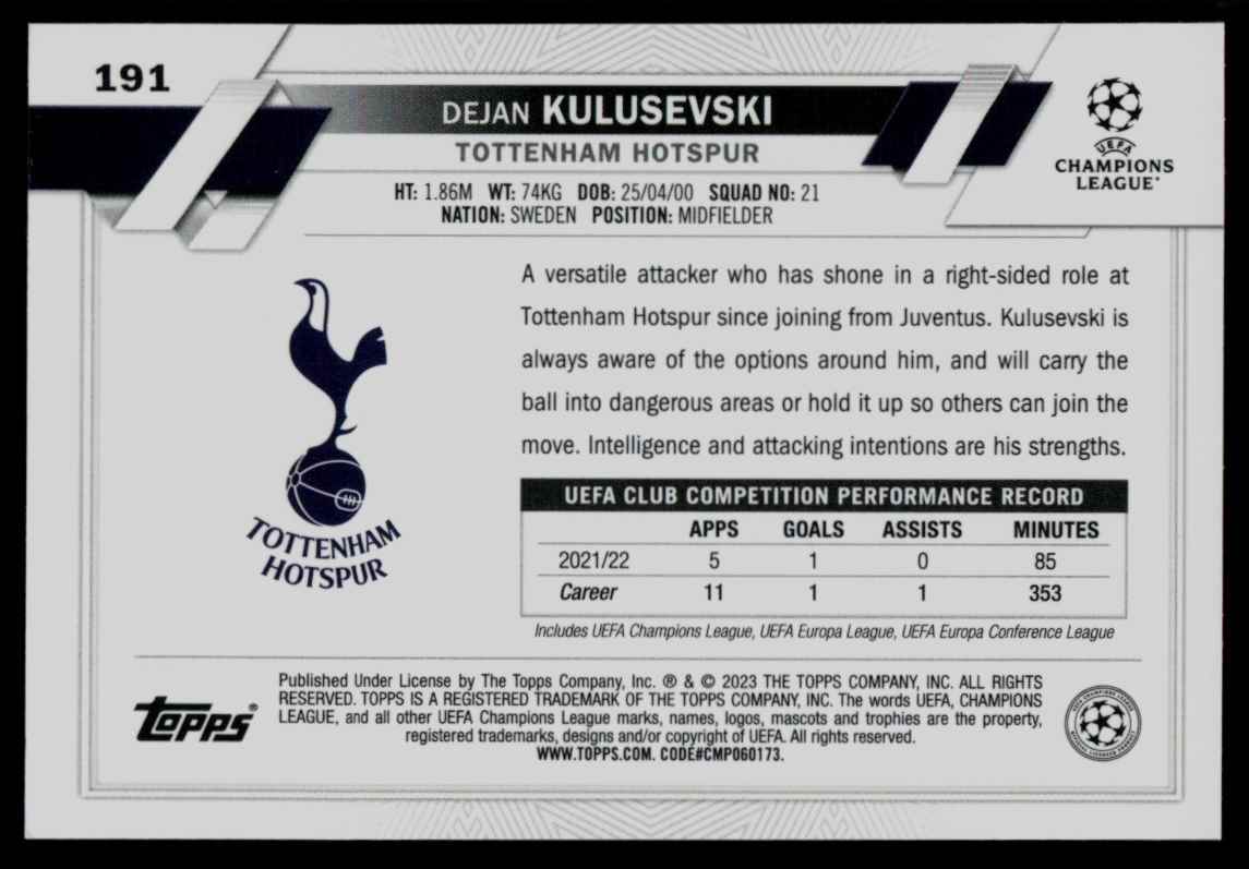2022 Topps Chrome UEFA Club Competitions Dejan Kulusevski #191 card back image