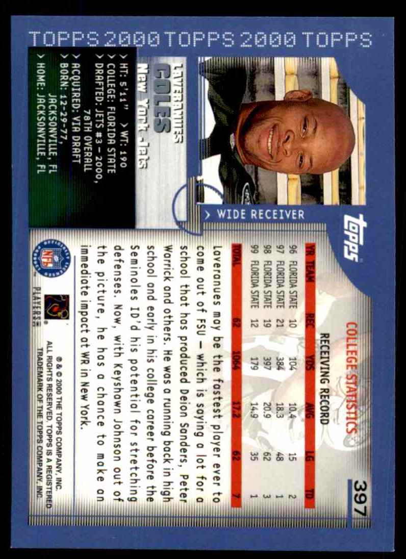 2000 Topps Laveranues Coles #397 card back image