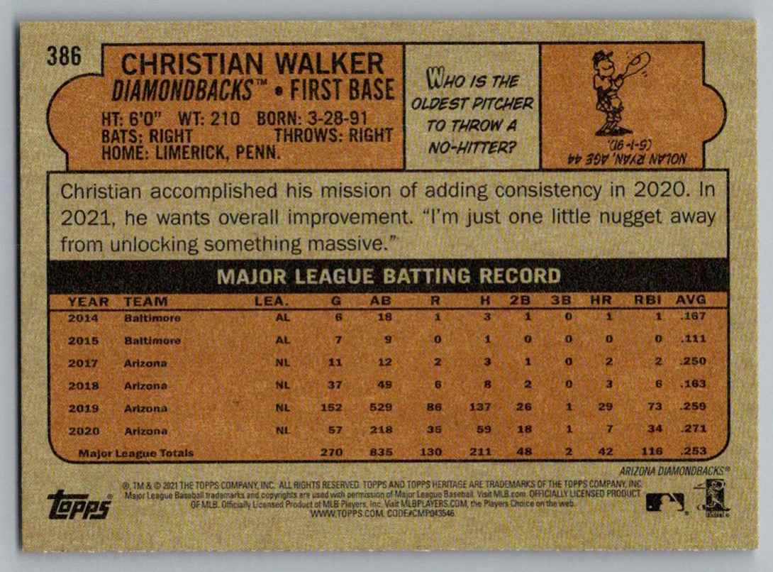 2021 Topps Heritage Christian Walker #386 card back image