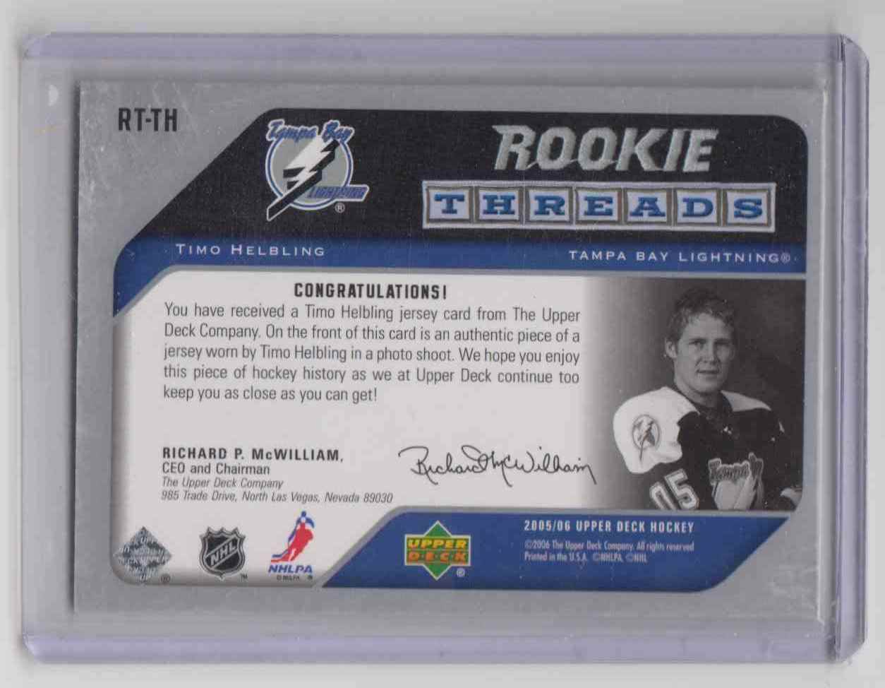 2005-06 Upper Deck Rookie Threads Timo Helbling #RT-TH card back image