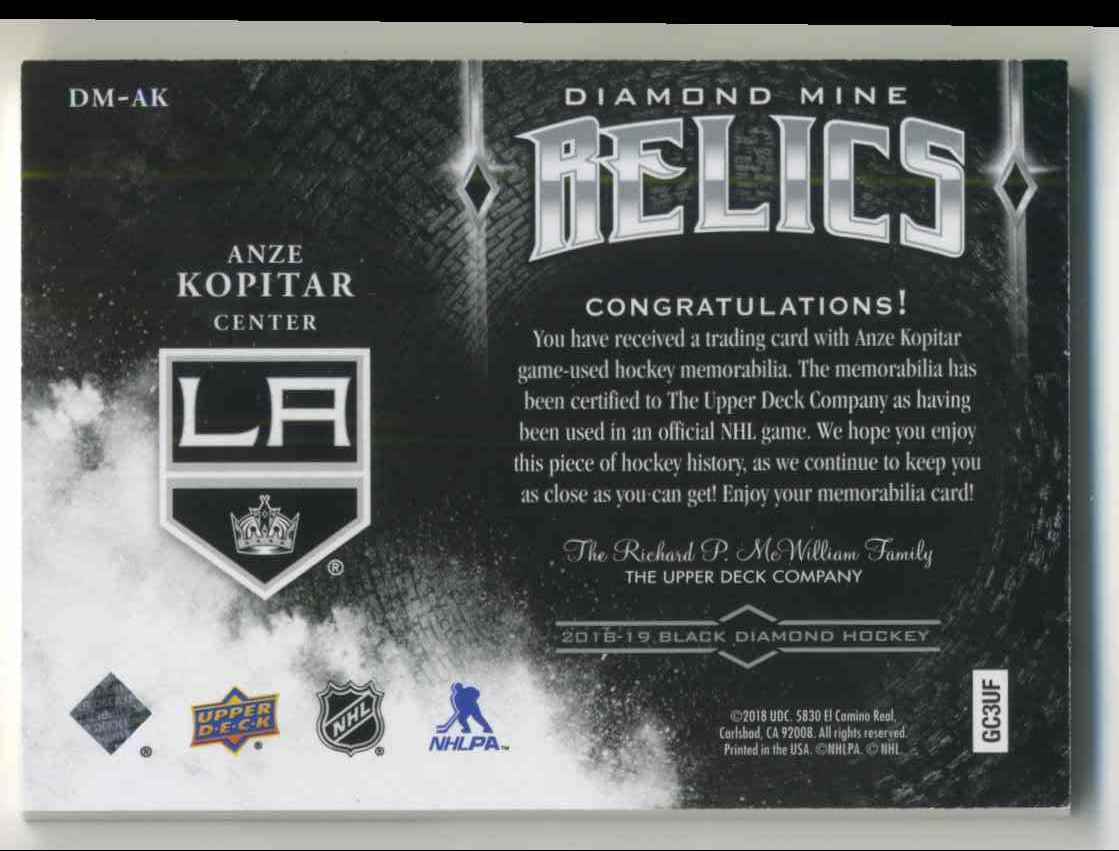 2018-19 Upper Deck Black Diamond Anze Kopitar #DM-AK card back image