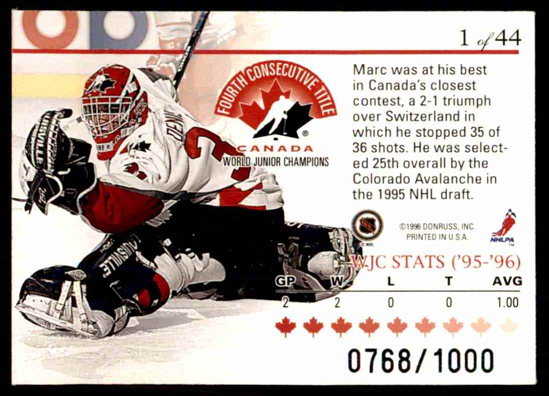 1995-96 Donruss Elite World Juniors Marc Denis #1 card back image