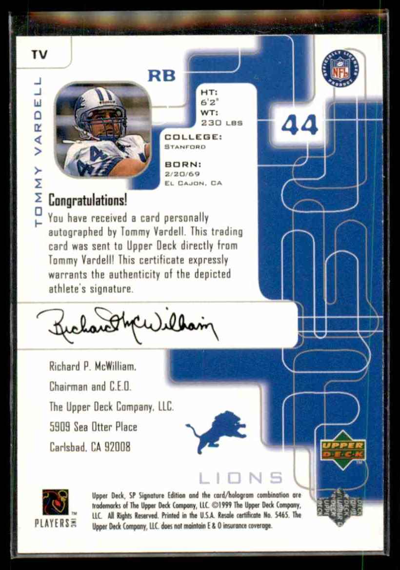 1999 SP Signature Autographs Tommy Vardell #TV card back image