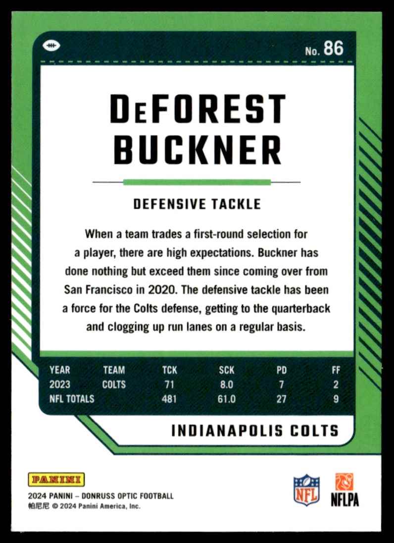 2024 NFL Donruss Optic DeForest Buckner #86 card back image