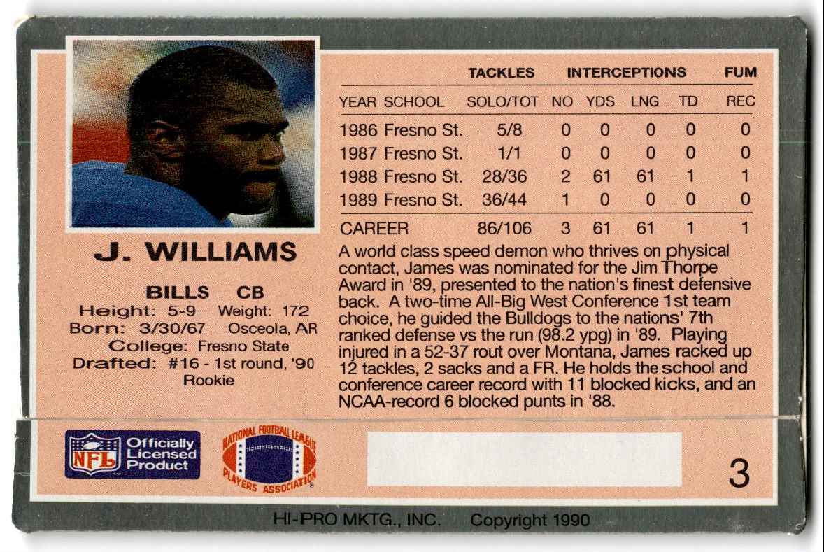 1990 Action Packed Rookie Update James Williams #3 card back image