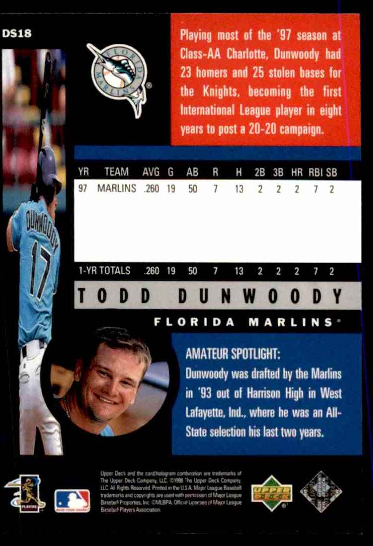 1998 Upper Deck Destination Stardom Todd Dunwoody #DS18 card back image