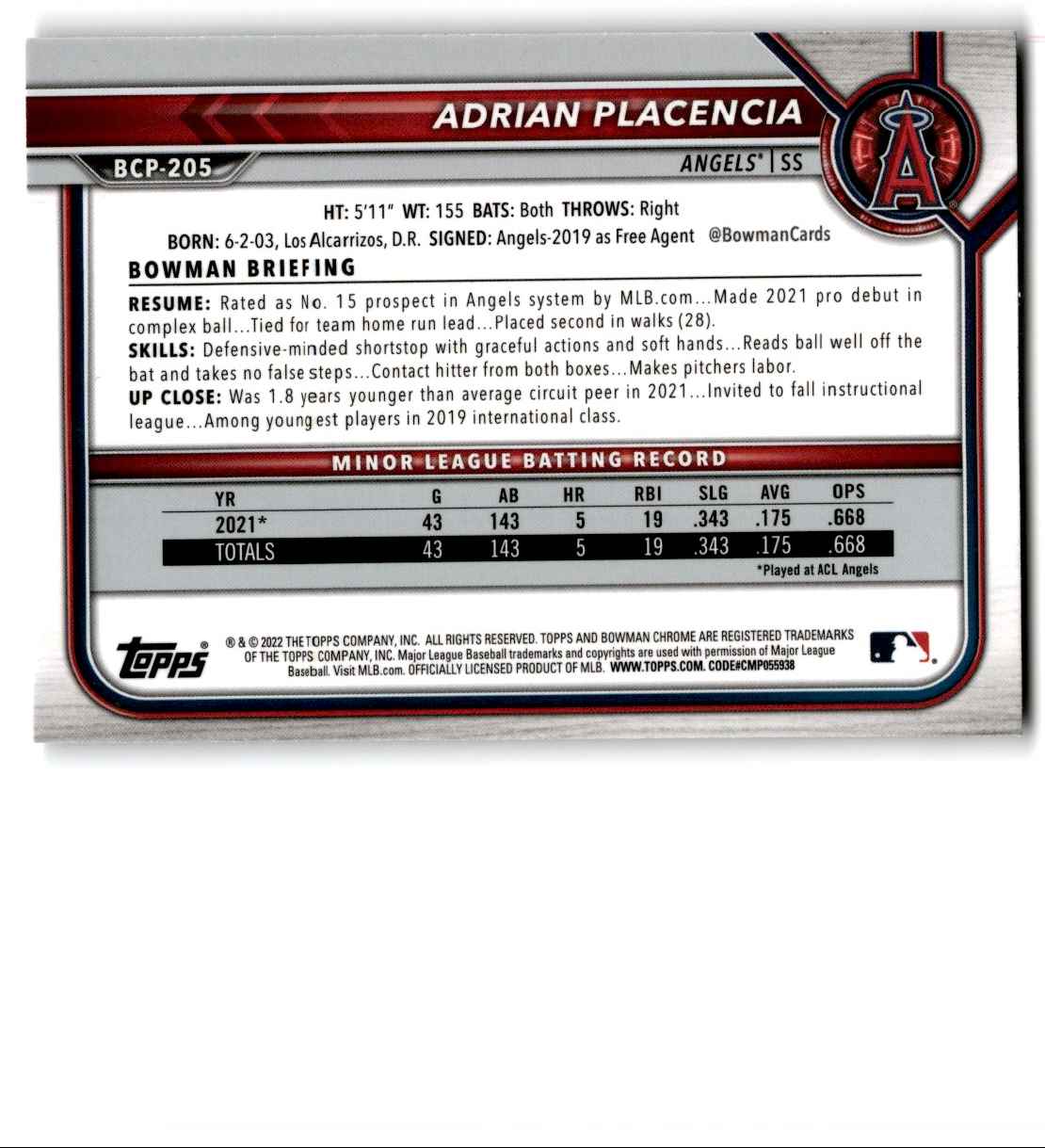 2022 Bowman Chrome Adrian Placencia #BCP-205 card back image